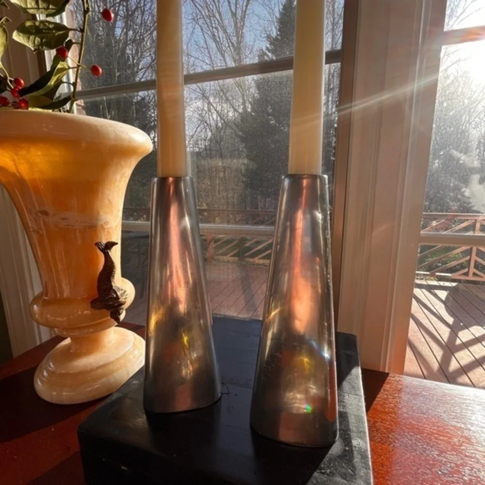 Vintage modern aluminum candle holders set of 2